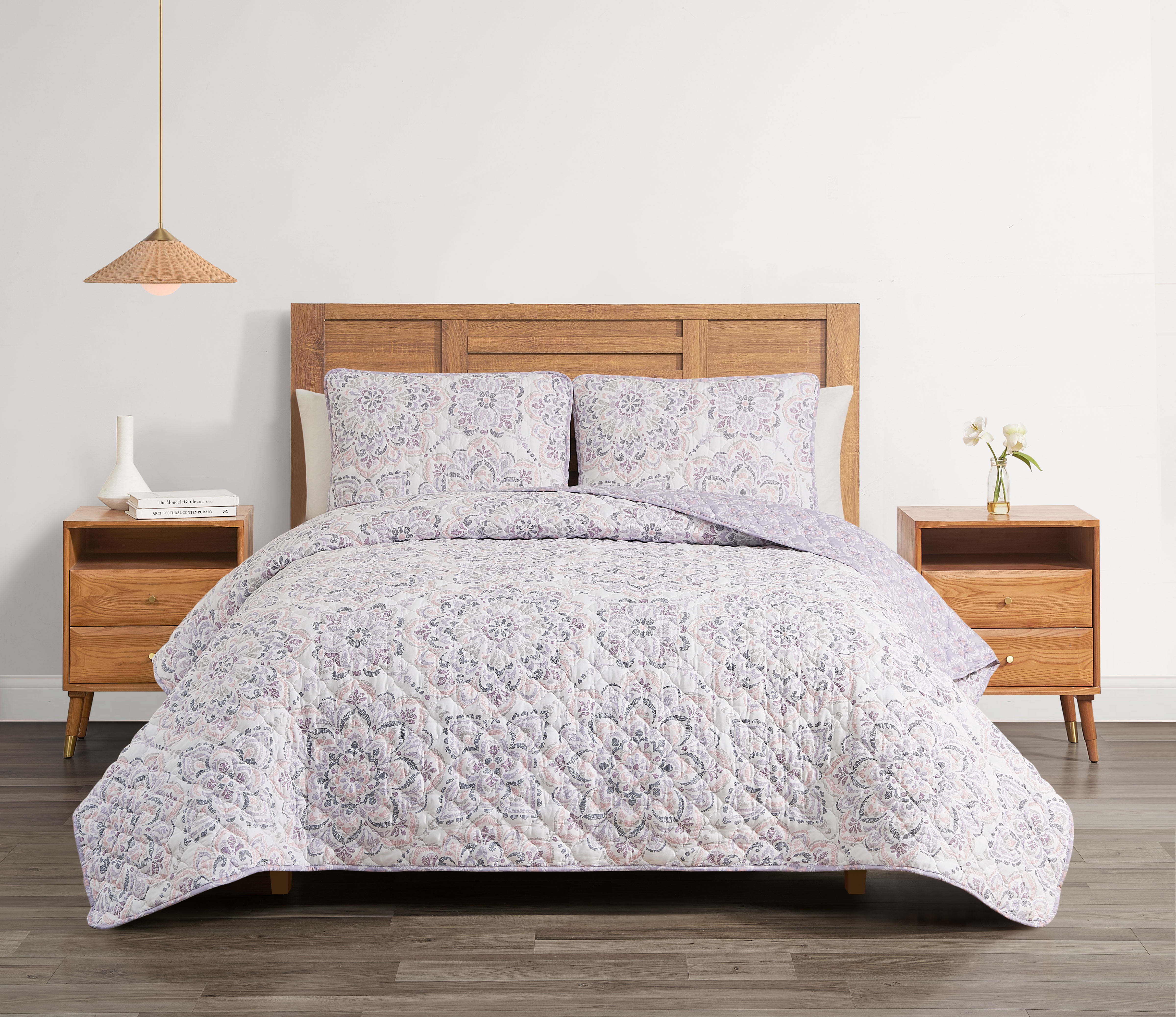 King Size Pink and Lilac Reversible Polyester Quilt Set