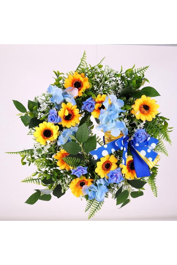 17.7" Artificial Sunflower Springtime Flower Wreath with Yellow Sunflower and Blue Flower, for Front Door