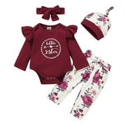 Adarl 4pcs Newborn Baby Girls Little Sister Romper Tops + Floral Pants Headband Hat Clothes Outfit Set 0-18 Months