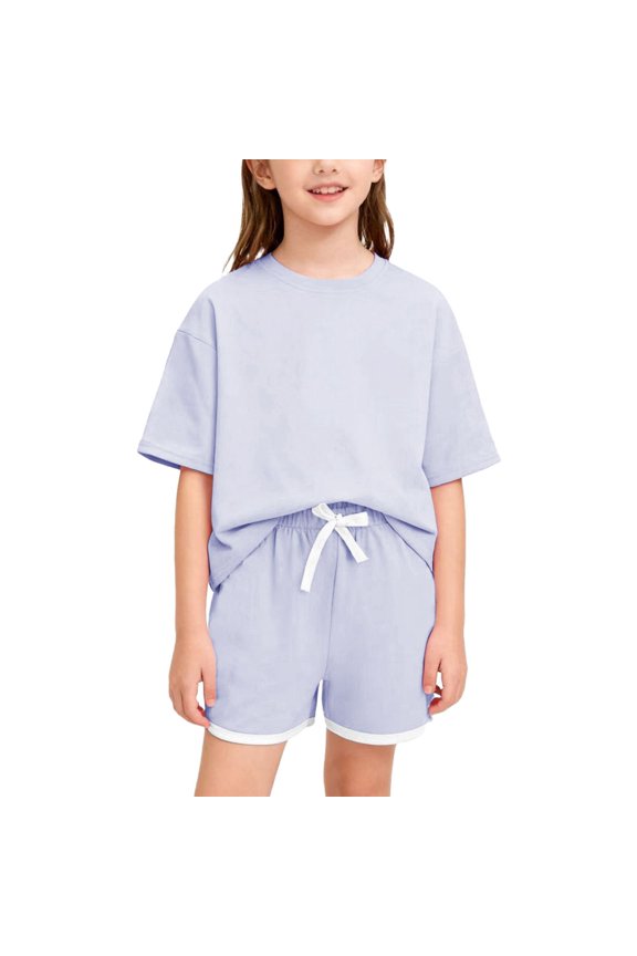 Girl Boy Summer Clothes Outfits Solid Color Short Sleeves Tops + Drawstring Shorts Sport Outfits Set 5-14T