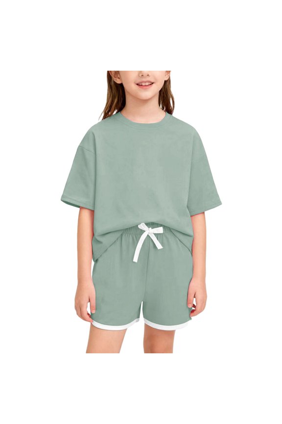 Girl Boy Summer Clothes Outfits Solid Color Short Sleeves Tops + Drawstring Shorts Sport Outfits Set 5-14T