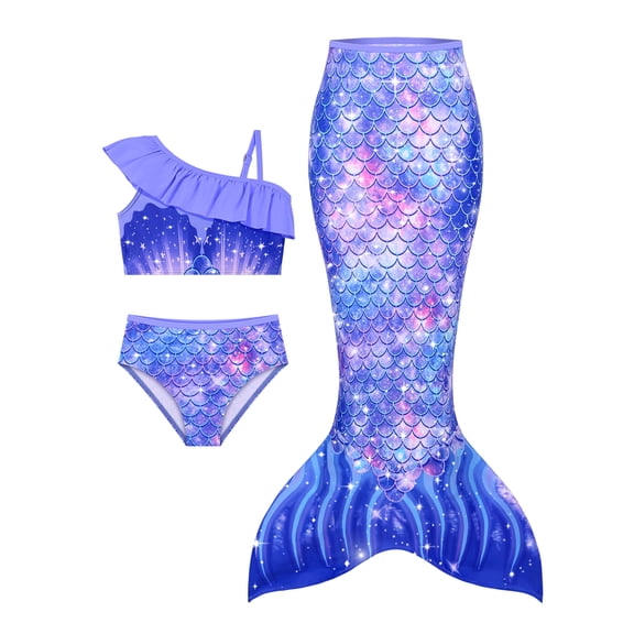 Adarl Girls Mermaid Swimsuit 3-Piece Tankini Set, Ruffle Bikini Bathing Suit with Cover-Up for Toddler & Kids Ages 3-7