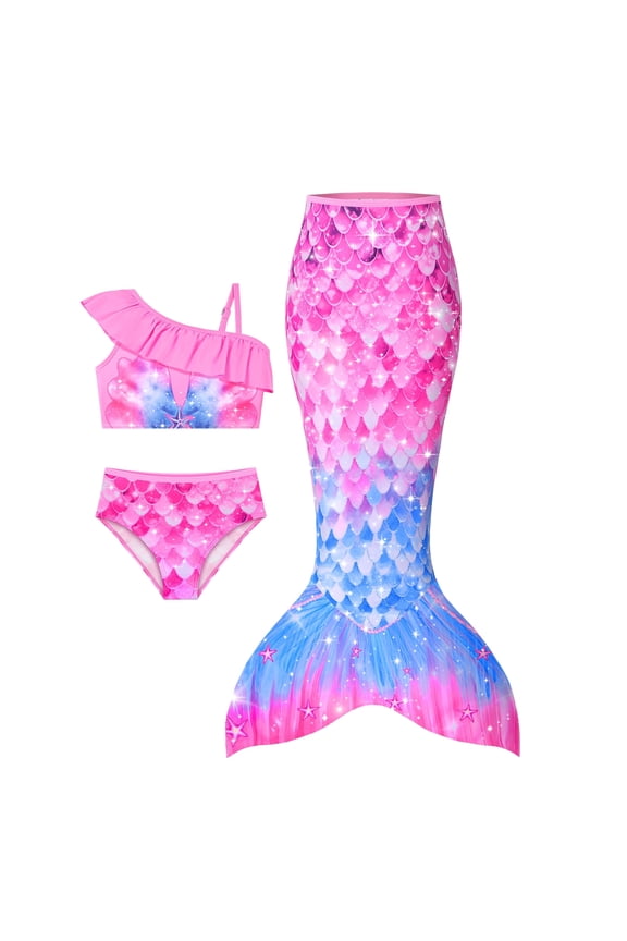 Girls Mermaid Tail Swimsuit 3-Piece Tankini Set, Ruffle Bikini Bathing Suit for Toddler & Kids Ages 3-7