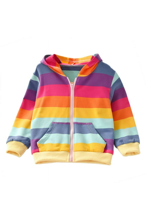 Kids Girl Rainbow Hoodies Jacket Zip Up Casual Hooded Long Sleeve Jumper Hoody Sweater Top Coat Yellow 6-7 Years