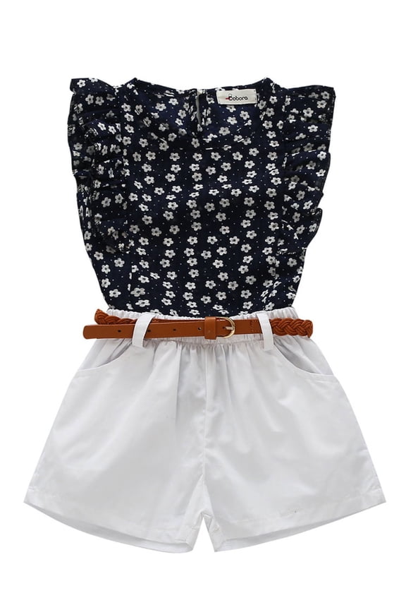 Kids Girls Summer Outfit Clothes Floral Tops shirt Shorts Belt Set 2-3Years