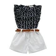 Adarl Kids Girls Summer Outfit Clothes Floral Tops shirt Shorts Belt Set 2-3Years