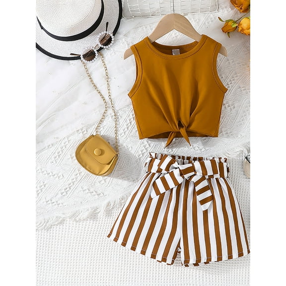 Adarluvy Girl's 2 Piece Outfits Sleeveless Tie Knot Tank Top and Paperbag Waist Striped Summer Short Sets