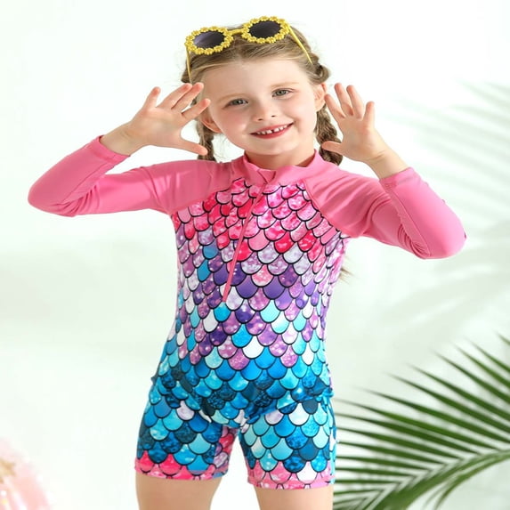 Adarluvy Girls Long Sleeve Swimsuit One Piece Bathing Suit Zipper UPF 50+ Rashguard Swimwear,4-9 Years