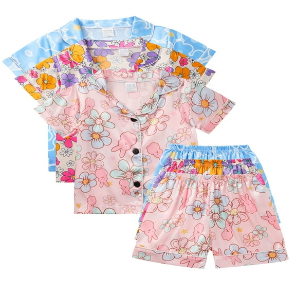 Adarluvy Girls Satin Pajamas Set Short Sleeve Button Down Silk Nightwear Loungewear for Girls 6 Pieces Sleepwear PJS