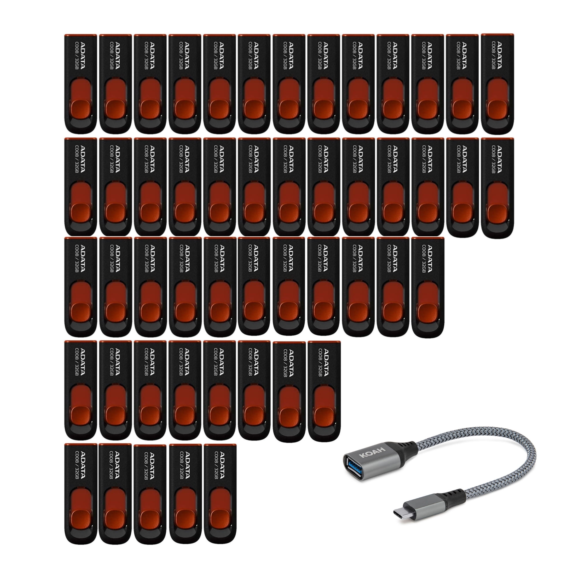 Adata C008 32GB USB 2.0 Retractable Scratchproof and Dirt-Repellent Flash Drive with Strap Hole (Red) Bundle with USB 3.0 to USB-C Adapter (50-Pack)