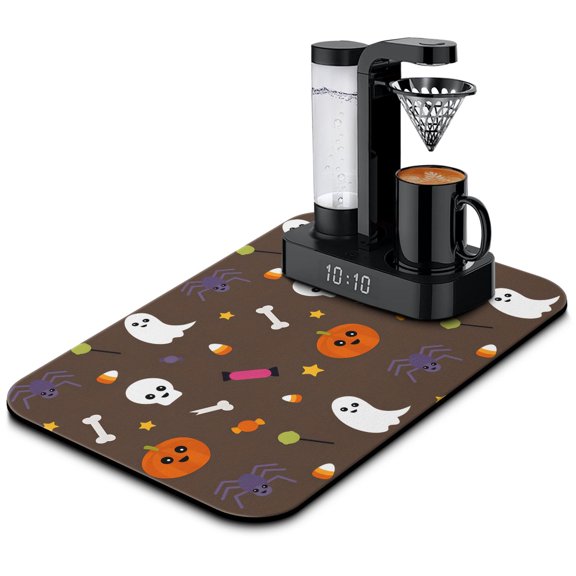 Add Fun Kitchen with Halloween Themed Diatom Ooze Dish Drying Mat Skull, Pumpkin, Bat, Ghost Trick or Treat 19.5x12in Absorbent Mats Perfect for Kitchen Counters