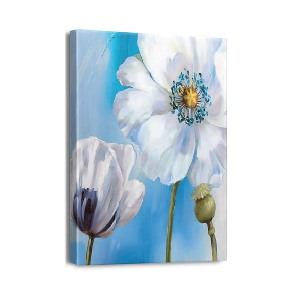 Add Style with Navy Blue Floral Canvas Art - Gray Abstract Flower Painting on Vintage Style Canvas, High-Quality Wall Decor for Bathroom & Bedroom, 12X16 inches