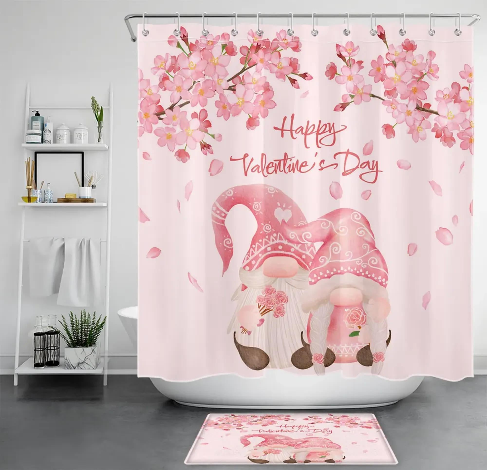 Add a Touch of Romance to Your Bathroom with a Pink Peach Blossom Gnome Shower Curtain Set