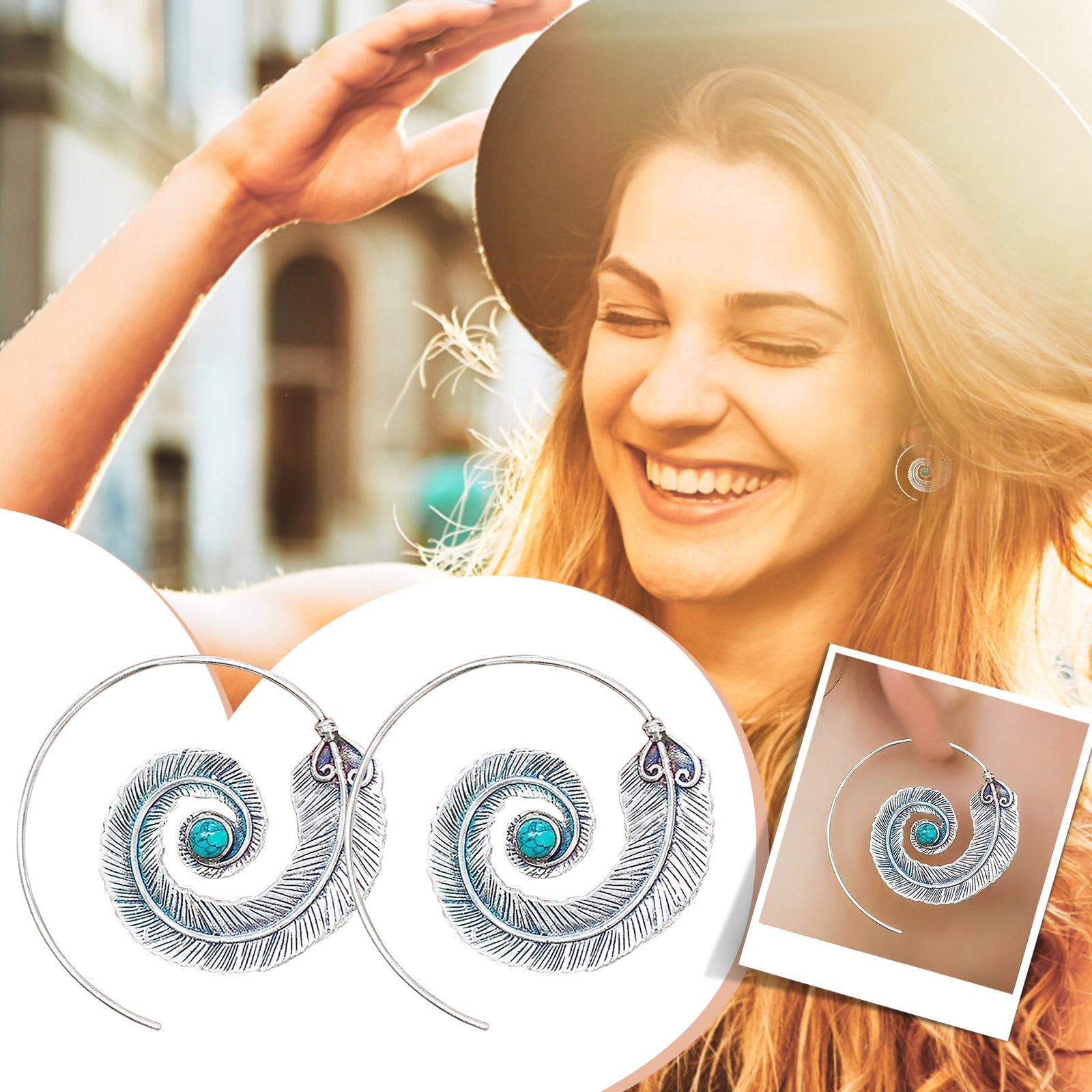 Jewelry Fashion Women Boho Spiral Feather Earrings Temperament Earrings