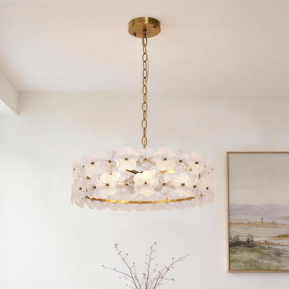 Add a touch of timeless elegance to your home with the YANSUN 6-Light Drum Chandelier. This stunning fixture features a graceful circular silhouette with a lustrous gold (electroplated copper) metal