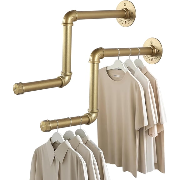 AddGrace Gold Industrial Pipe Clothing Rack 2 Pack Wall Mounted Clothes Rack for Hanging Clothes 18Inch Detachable Garment Bar for Bedroom Bathroom and Laundry Room 46cm