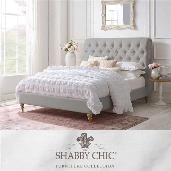 Addalynn Bed Gray wood Linen Twin Rolled Top Button Tufted Nailhead Trim