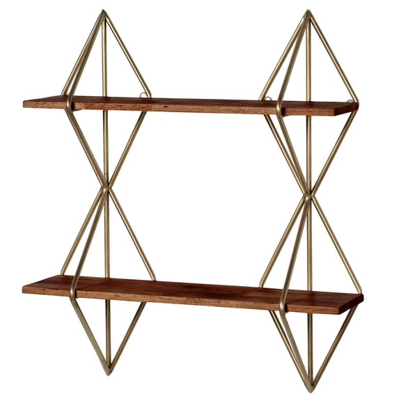 Addax Geometric Diamond Metal and Wood Modern Wall Shelf Gold