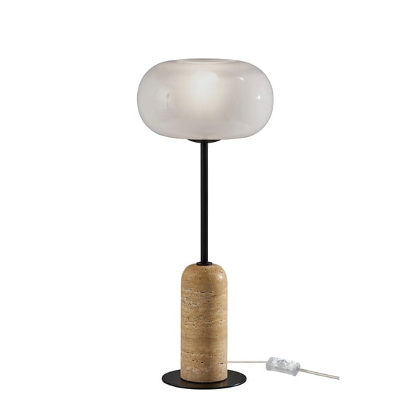 Addesso Bryon 24.75" Travertine & Black Table Lamp with White Oval Glass Shade