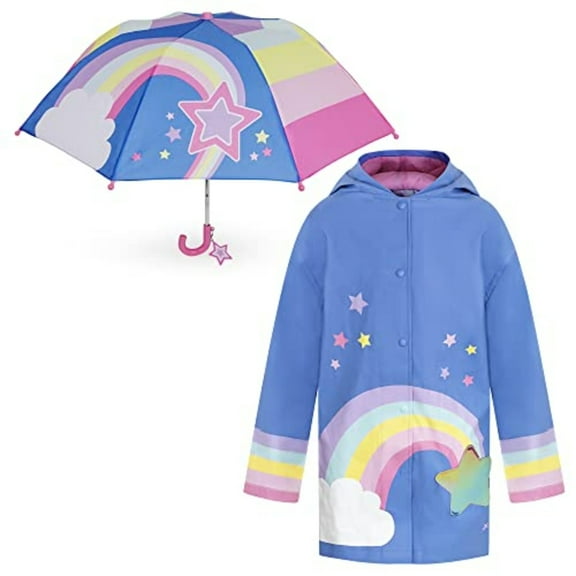 Rising Star Kids Jackets Set, 5-7 Years, Girls Rain Coat with Hood, Matching Kids Umbrella, Girls Rain Jacket in Rainbow/Stars Design