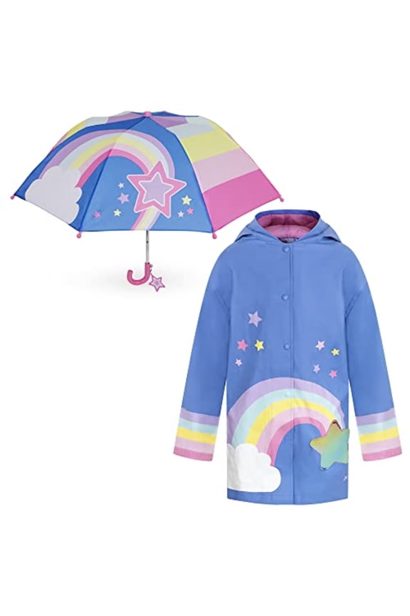 Rising Star Kids Jackets Set, 5-7 Years, Girls Rain Coat with Hood, Matching Kids Umbrella, Girls Rain Jacket in Rainbow/Stars Design