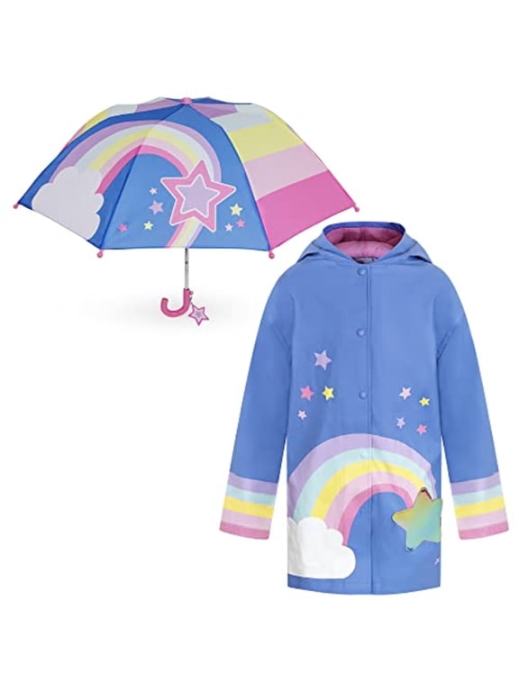 Rising Star Kids Jackets Set, 5-7 Years, Girls Rain Coat with Hood, Matching Kids Umbrella, Girls Rain Jacket in Rainbow/Stars Design