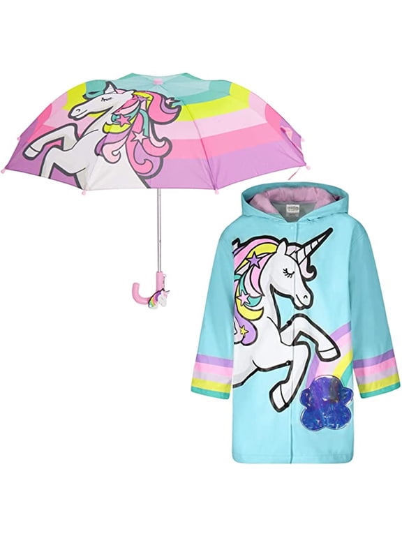 Rising Star Kids Jackets Set, 5-7 Years, Girls Rain Coat with Hood, Matching Kids Umbrella, Girls Rain Jacket in Unicorn Design