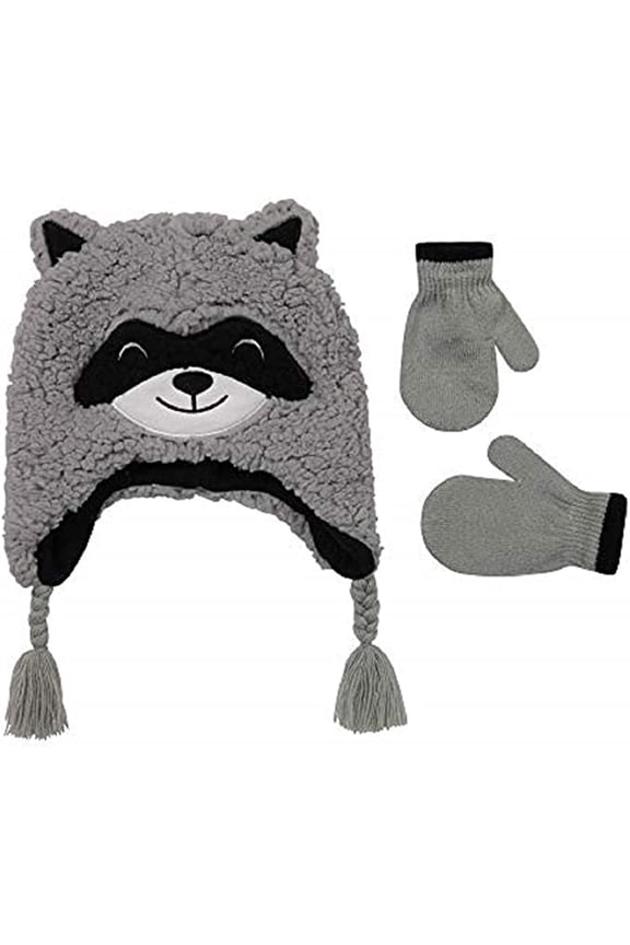 Boys Winter Hat and Gloves Set, 2-4 Years, Toddler Winter Beanie and Mittens, Baby Hats and Mittens in Gray Bear Design
