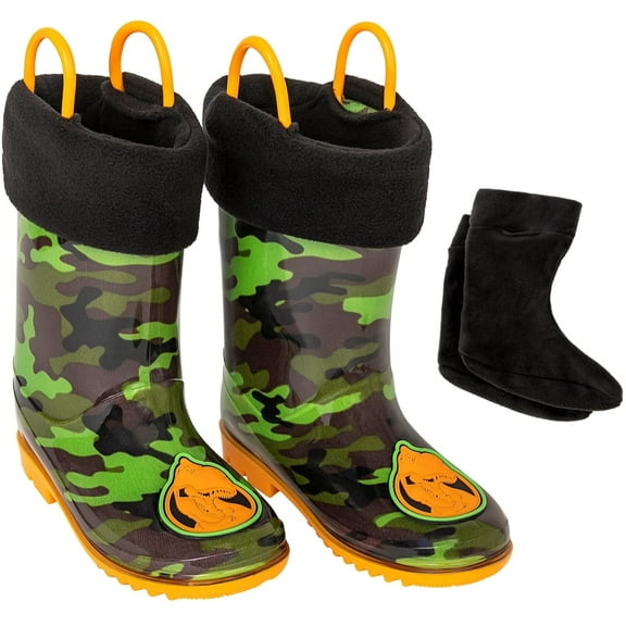 Addie & Tate Unisex Kids Boots, Boy Rain Boots Toddler Sizes 8T-12, Waterproof Rubber Kids Rain Boots with Handles in Dino Camo Print