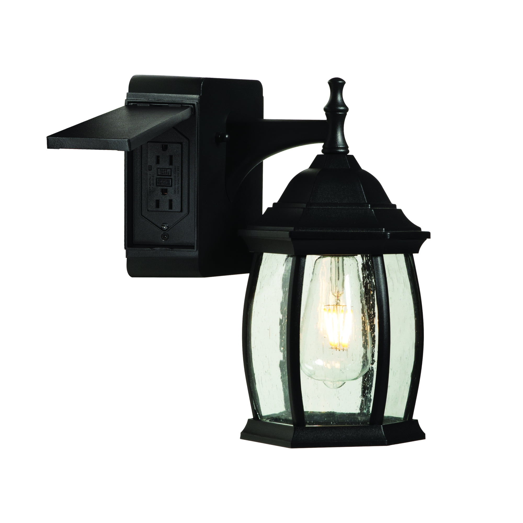 Black Metal Outdoor Lantern Sconce with Seeded Glass and GFCI Outlets