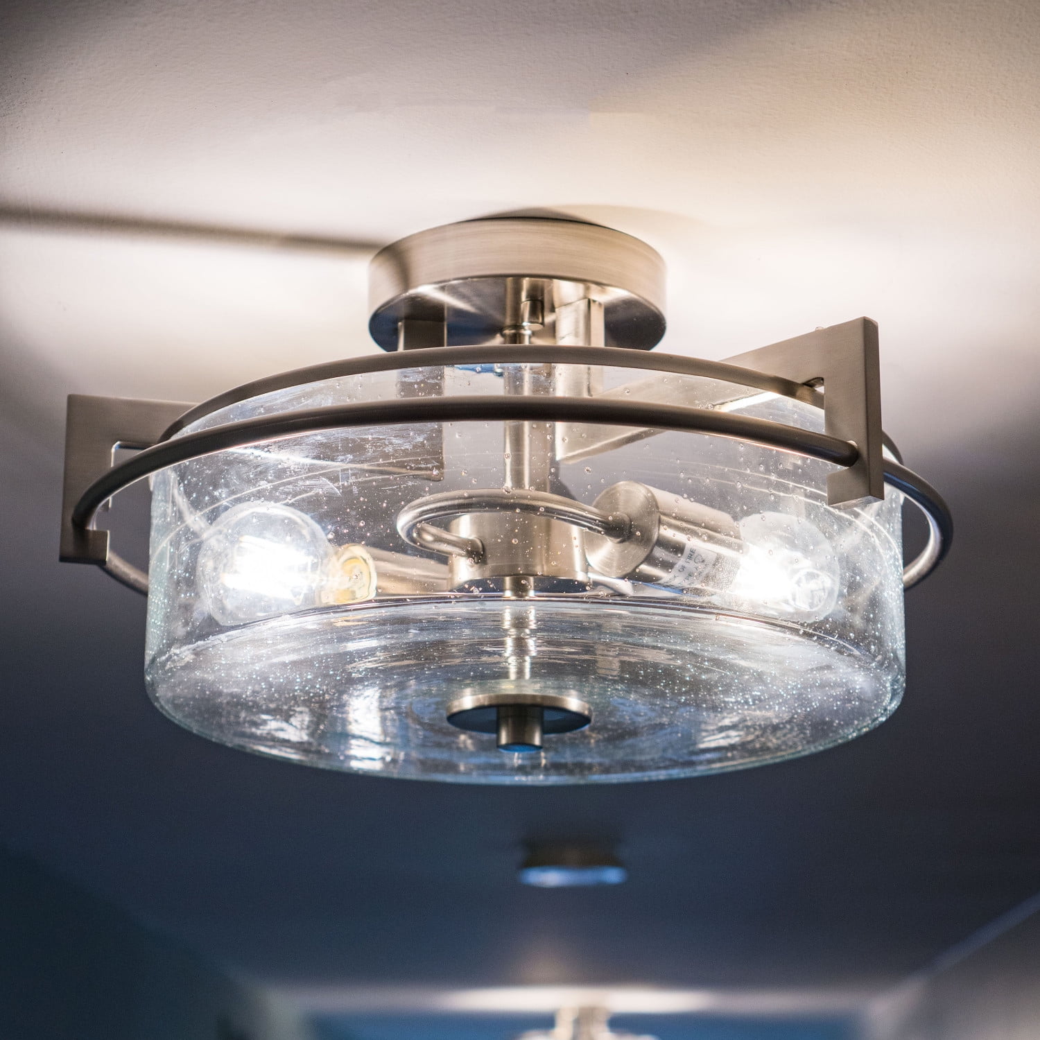 Satin Nickel 15" Drum Ceiling Light with Seeded Glass