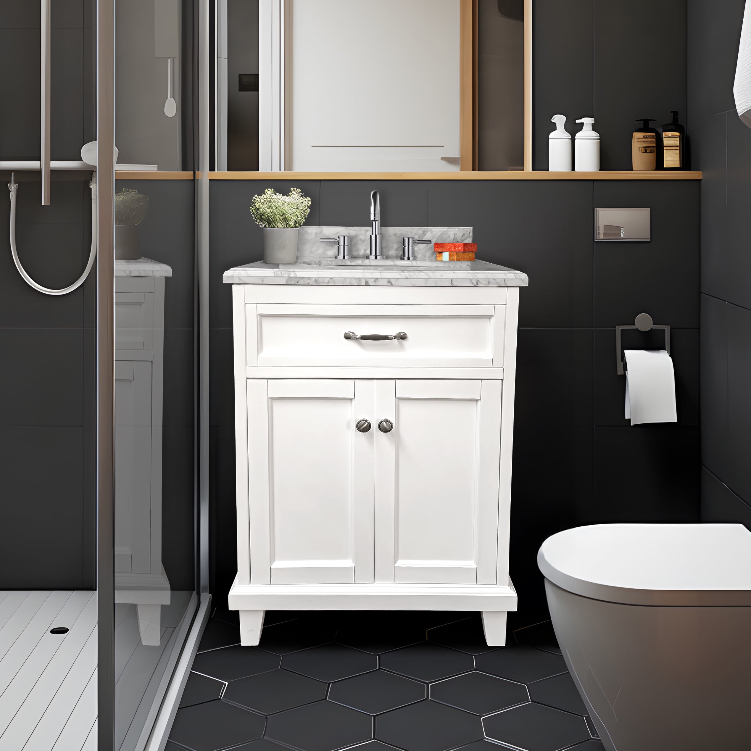 24" White Solid Wood Bathroom Vanity with Carrara Marble Top