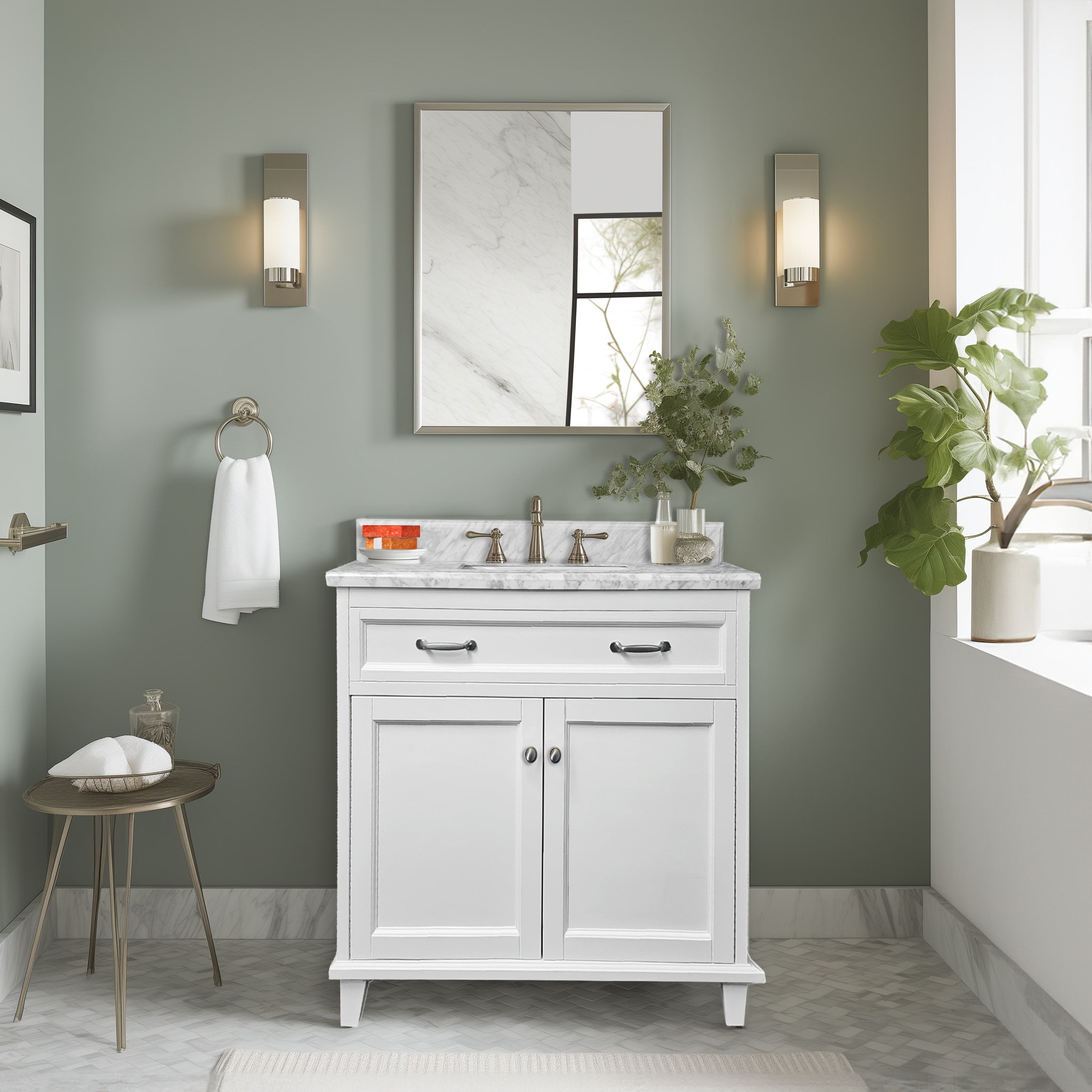 30" White Solid Wood Bathroom Vanity with Carrara Marble Top
