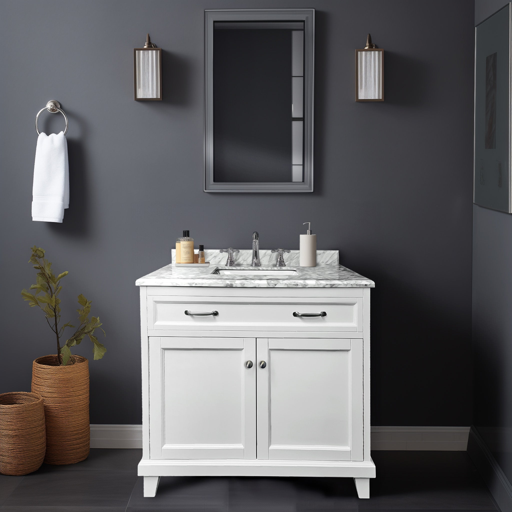 36" White Solid Wood Bathroom Vanity with Carrara Marble Top