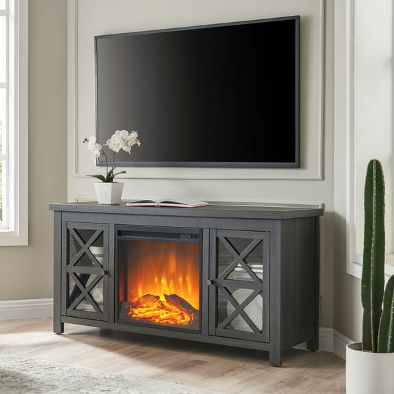 Evelyn&Zoe Colton Rectangular TV Stand with Log Fireplace for TV's up to 55" in Charcoal Gray