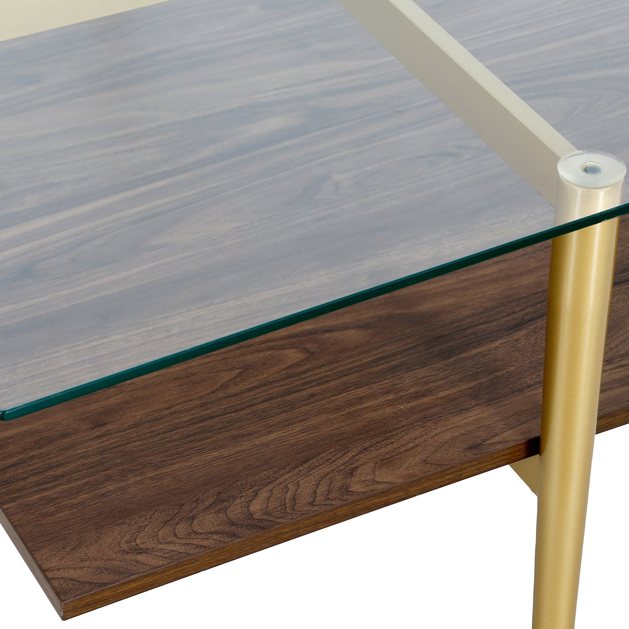 Mid-Century Modern Brass & Walnut Coffee Table with Glass Top