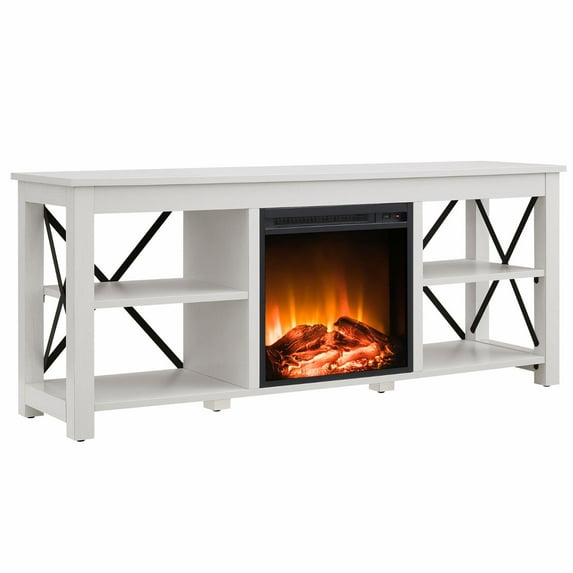 Evelyn&Zoe Sawyer Rectangular TV Stand with Log Fireplace for TV's up to 65" in White