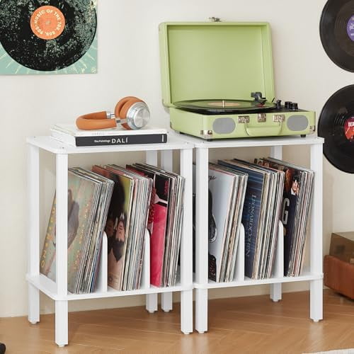 2-Tier Bamboo Record Player Stand with Vinyl Record Storage up to 100 Albums, Boho Bedroom Record Holder and Multi-Functional End Table for Living Room, Natural
