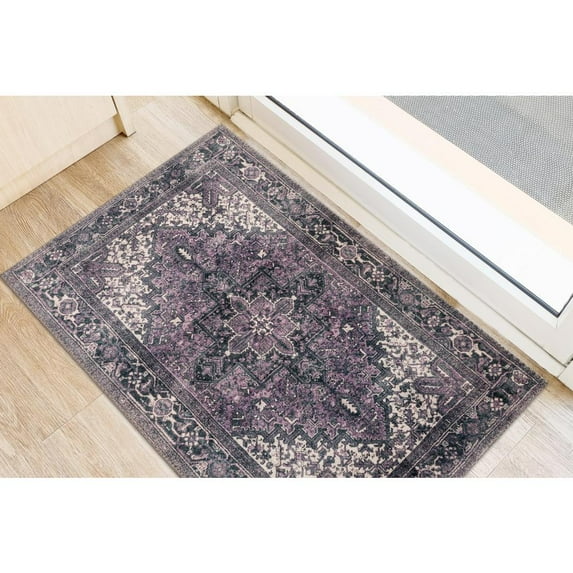 Addison Rugs Addison Kensington Vintage Persian Non-Skid Rug Orchid 20" x 30" 2' x 3' Indoor,Accent Living Room,Bedroom,Entryway Black,Ivory Rectangle
