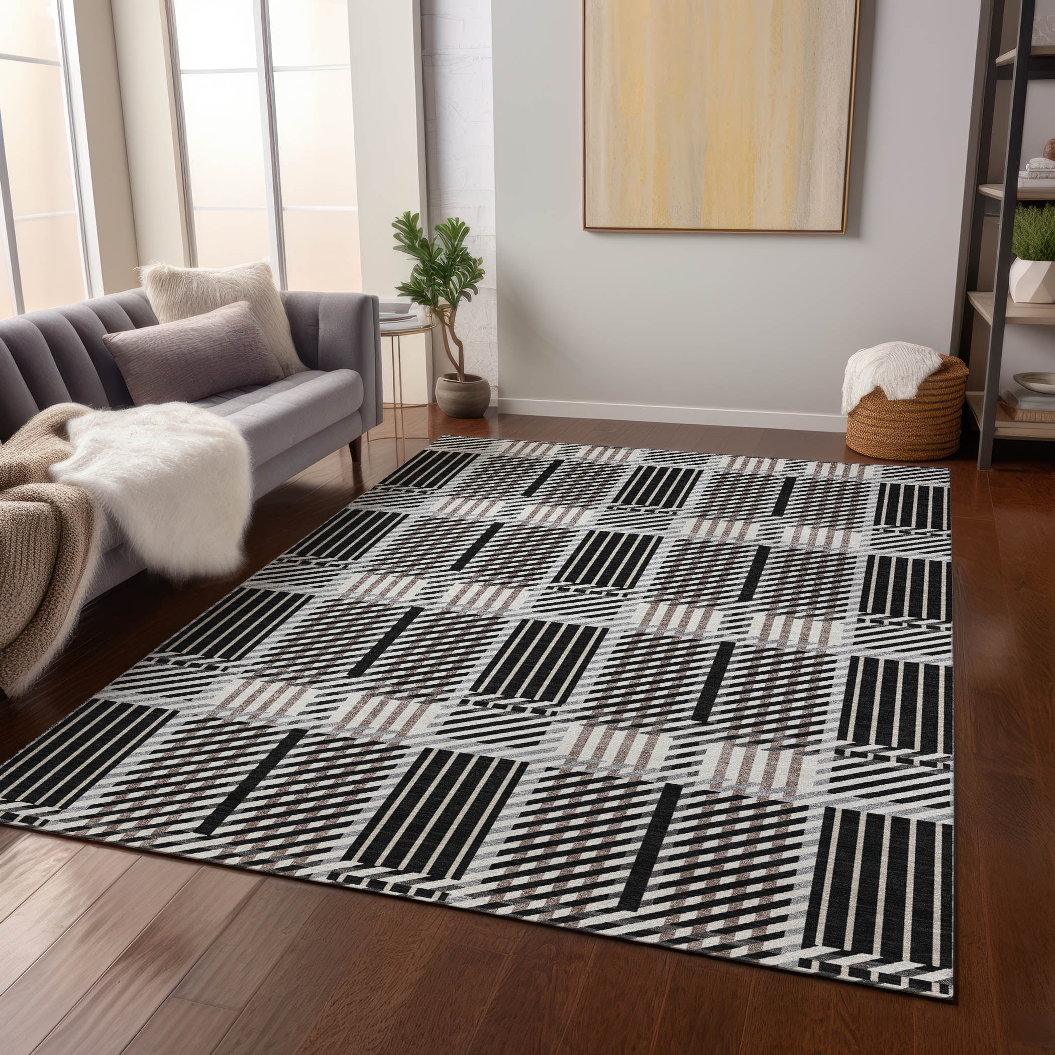 Black and White Plaid Synthetic Washable Area Rug