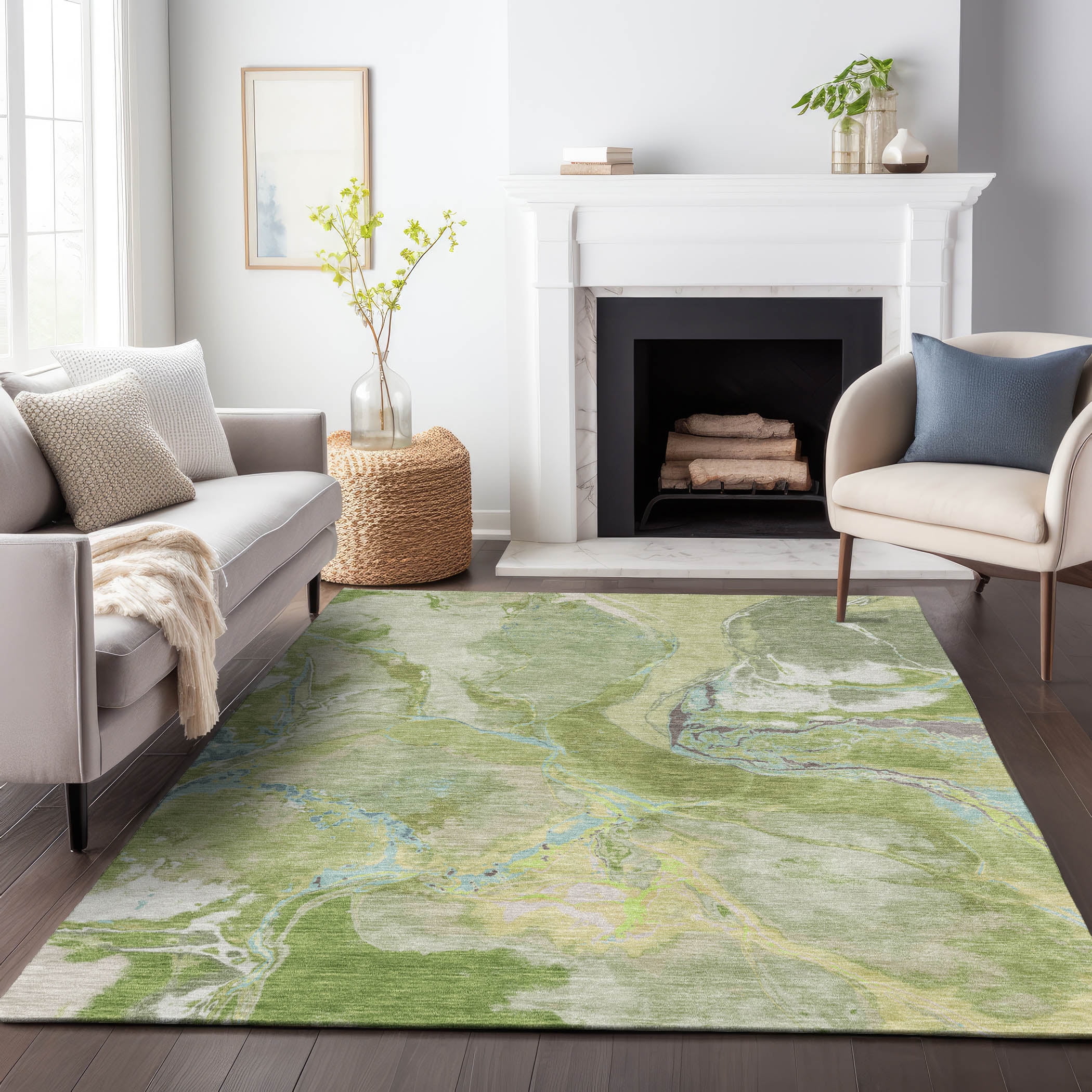 Green Flat Woven Synthetic Rectangular Washable Area Rug