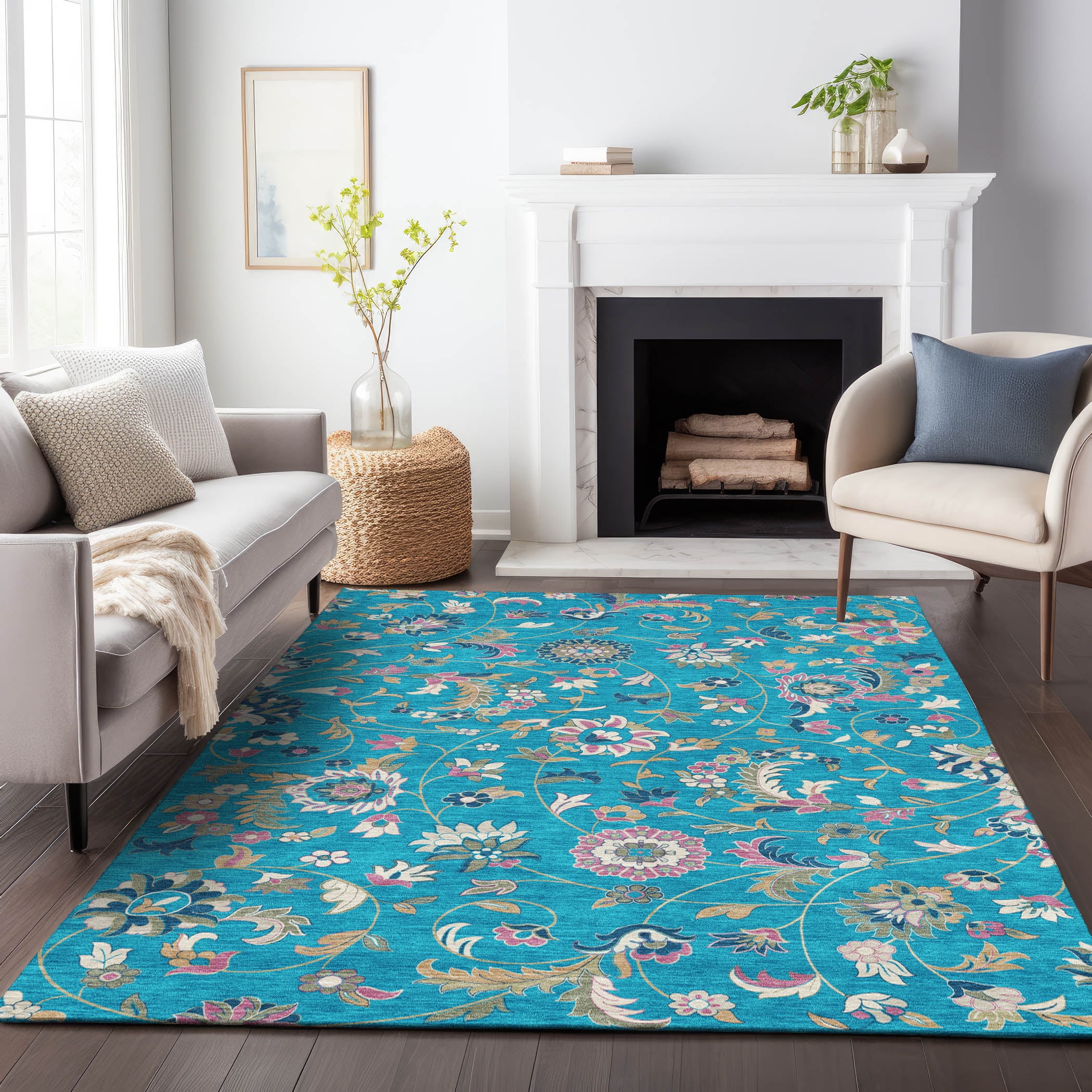 Teal Floral Synthetic Washable Rectangular Area Rug