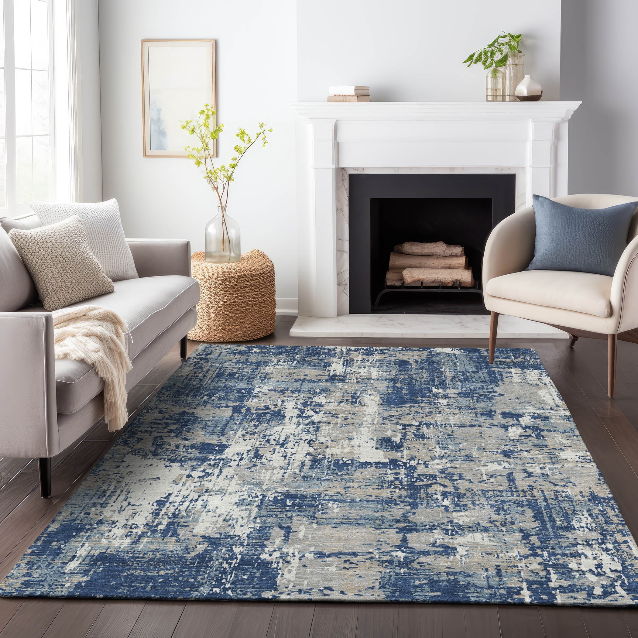 Navy Abstract Flat Woven Synthetic Washable Rug 2'6" x 3'10"