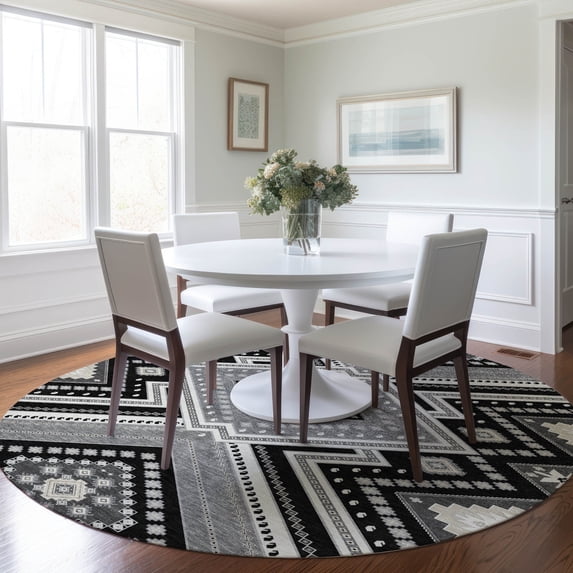Addison Rugs Chantille Indoor/Outdoor Transitional Geometric, Abstract Black Washable Round Rug, 8' x 8'