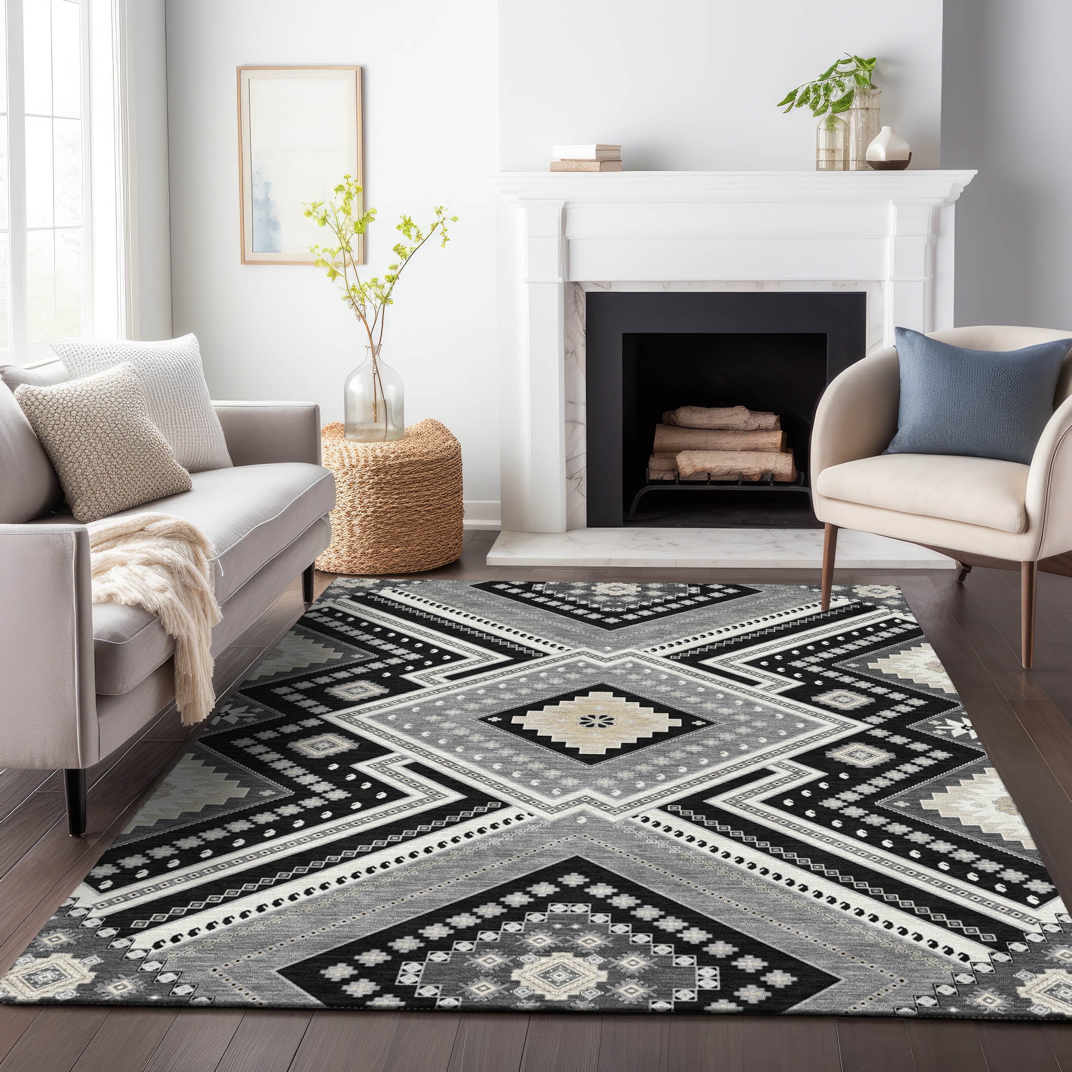 Addison Rugs Chantille Indoor/Outdoor Transitional Geometric, Abstract Black Washable Rectangle Rug, 9' x 12'