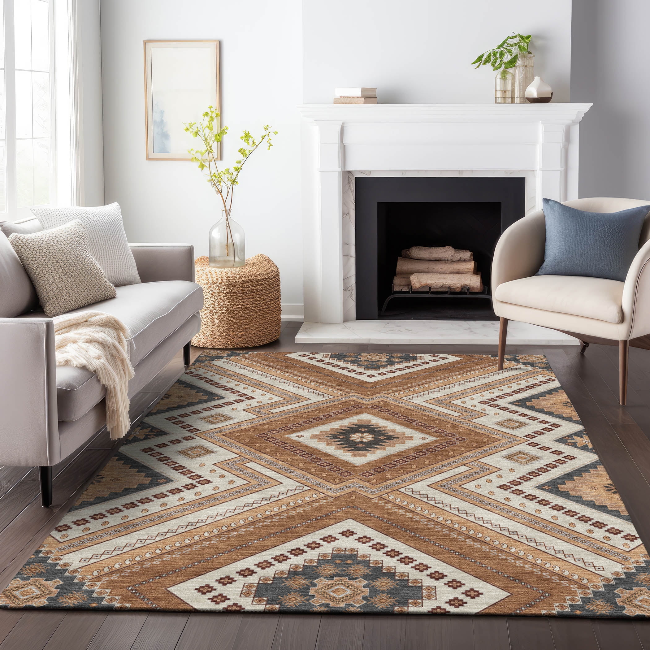 Copper and Beige Rectangular Washable Synthetic Area Rug 8' x 10'