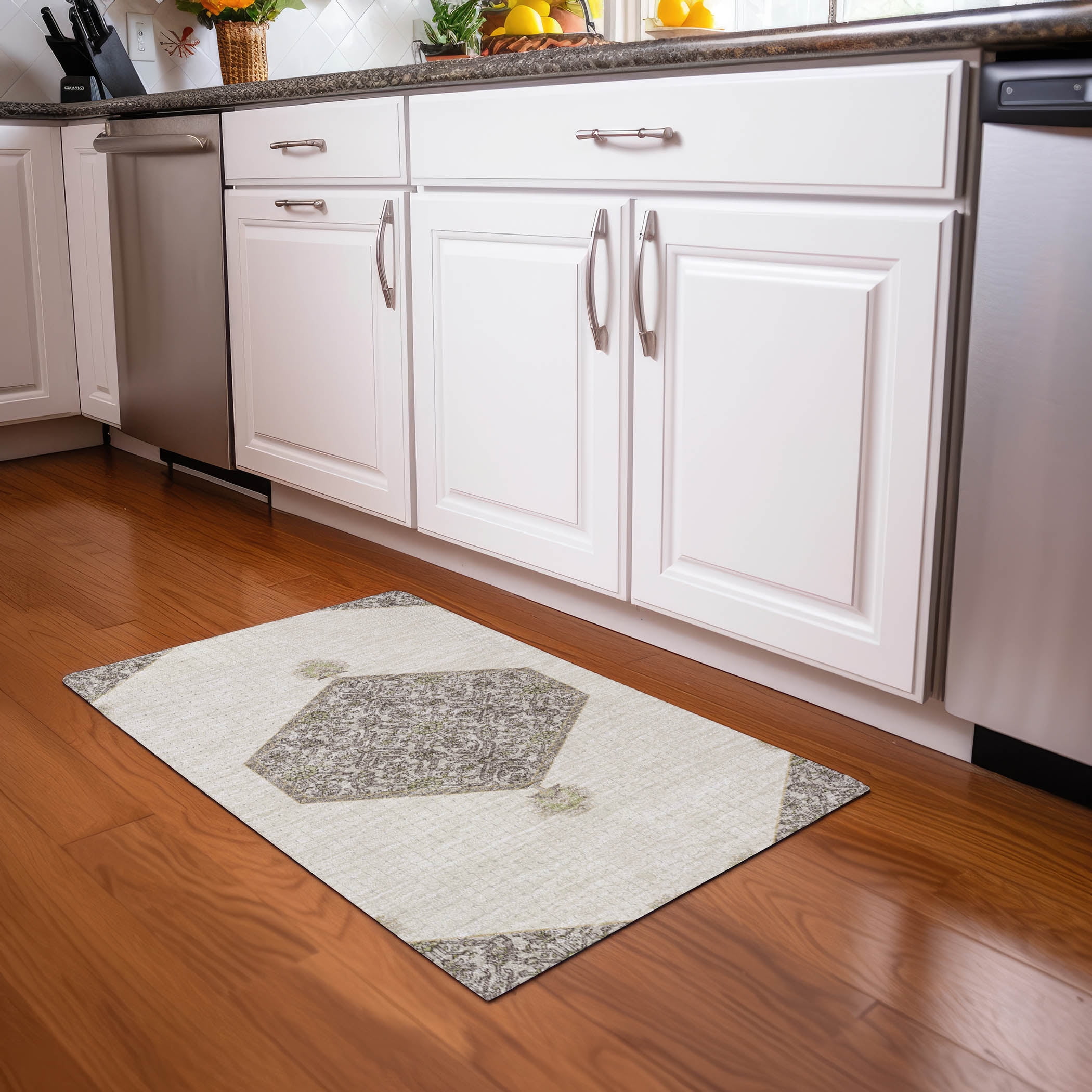Ivory and Gray Synthetic Flat Woven Washable Rug