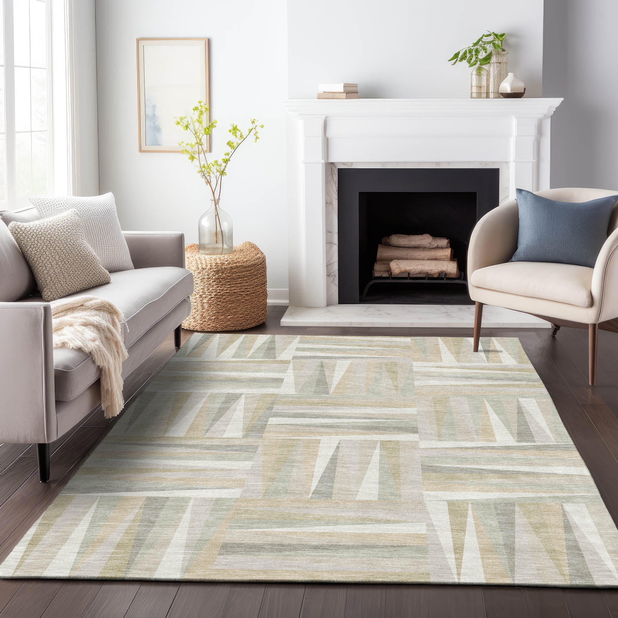 Ivory and Beige Synthetic Flat Woven Washable Rug