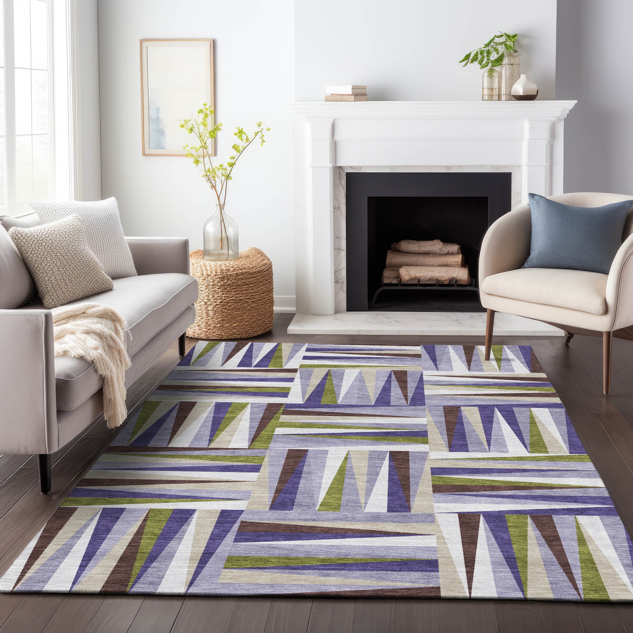 Lavender and Green Synthetic Washable Non-Slip Area Rug