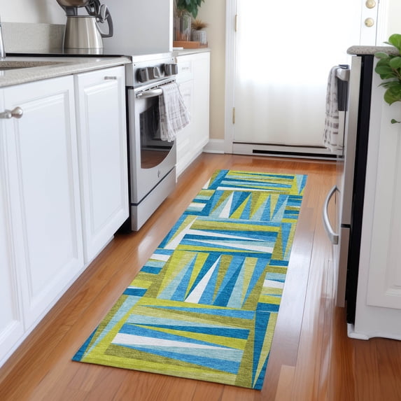 Addison Rugs Chantille Indoor/Outdoor Transitional Squares Teal Washable Runner Rug, 2'3" x 7'6"